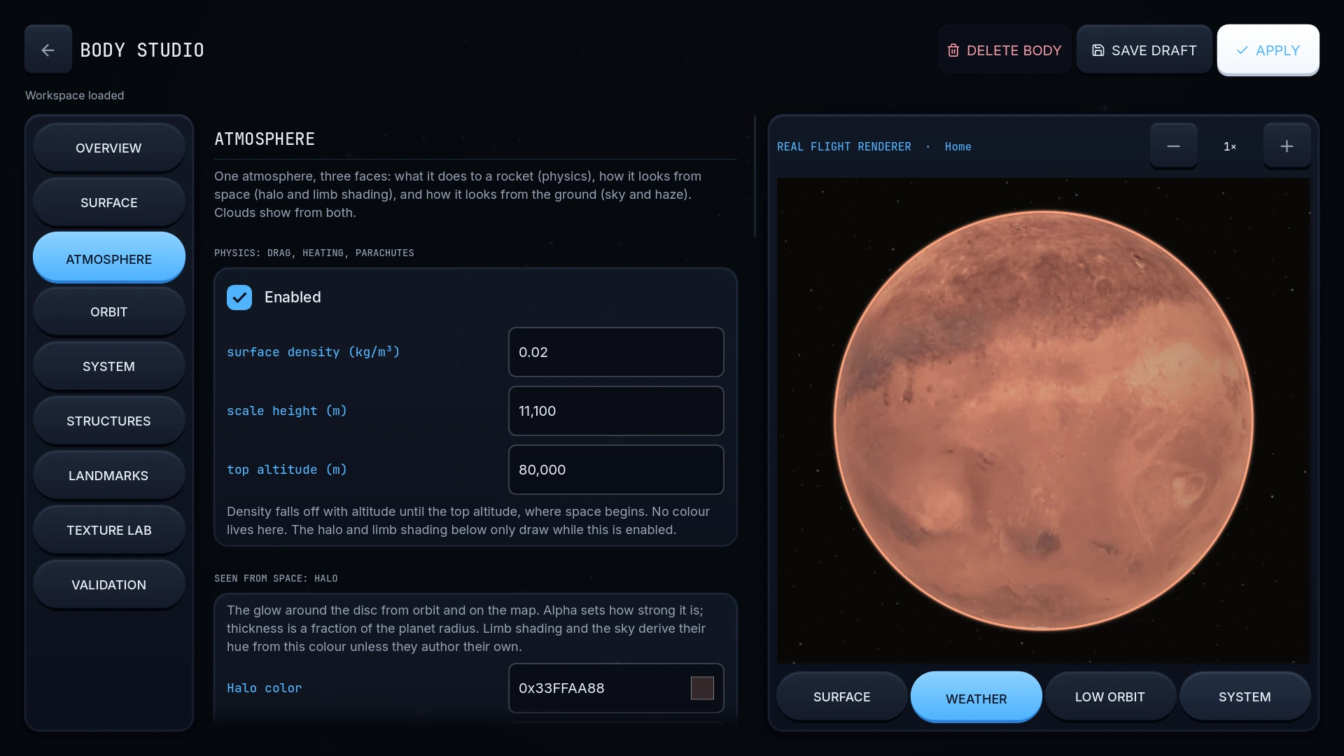 Body Studio atmosphere controls beside a live planet preview