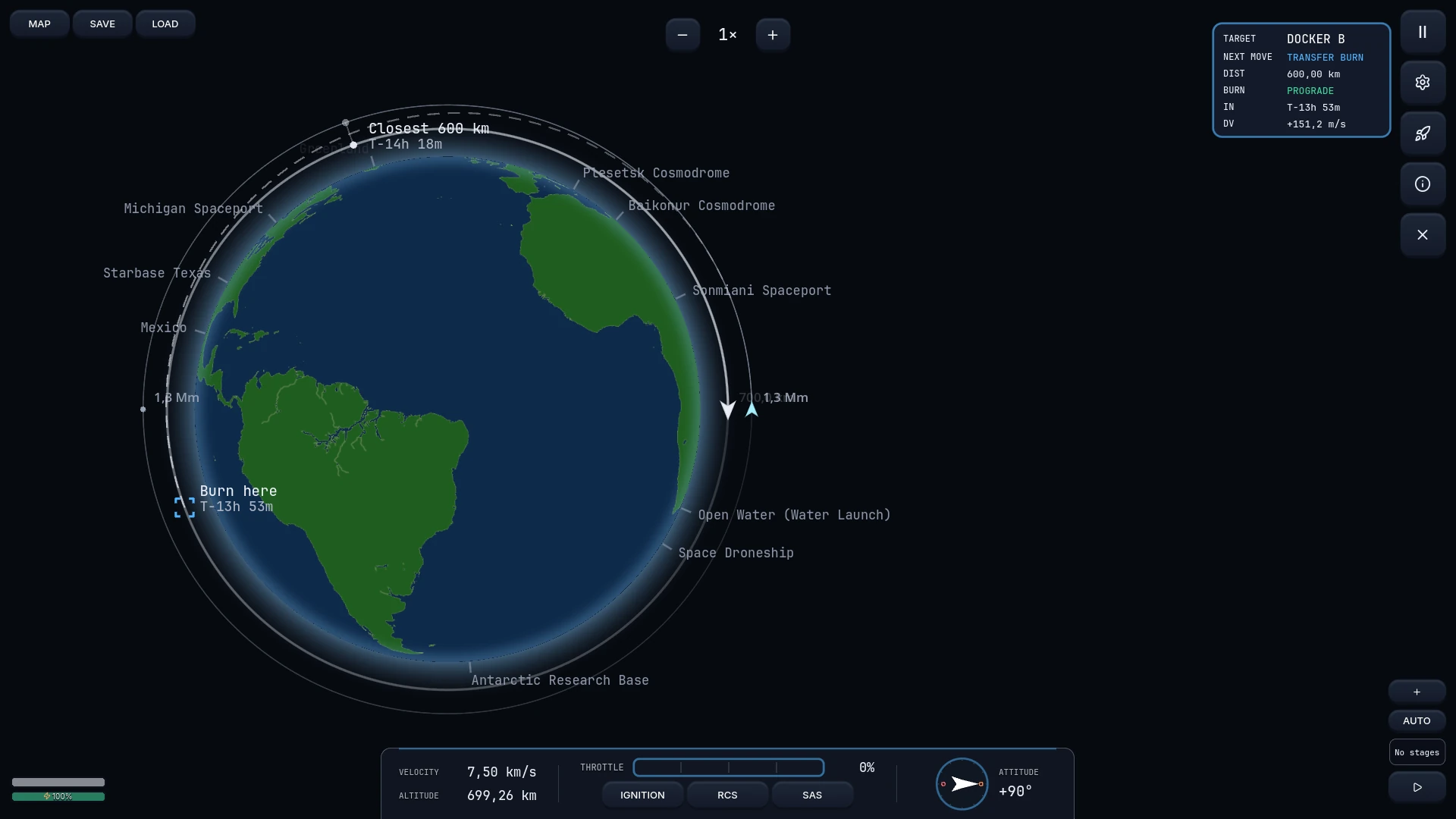 Orbital map showing spacecraft trajectories and flight planning