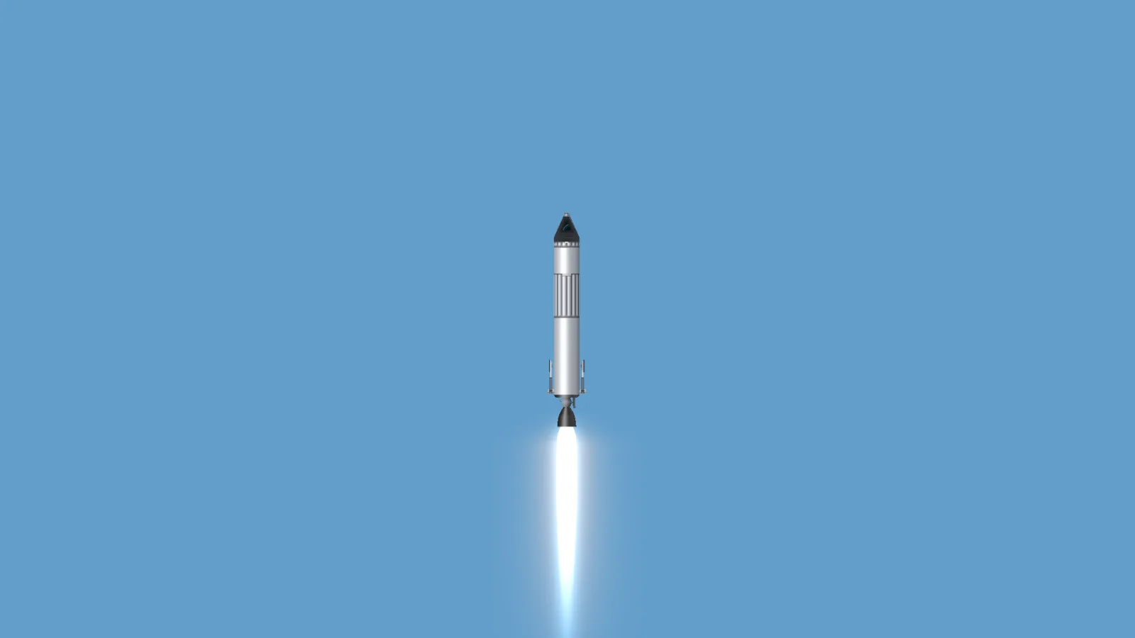 A two-stage rocket climbing at full throttle, engine plume blazing beneath it