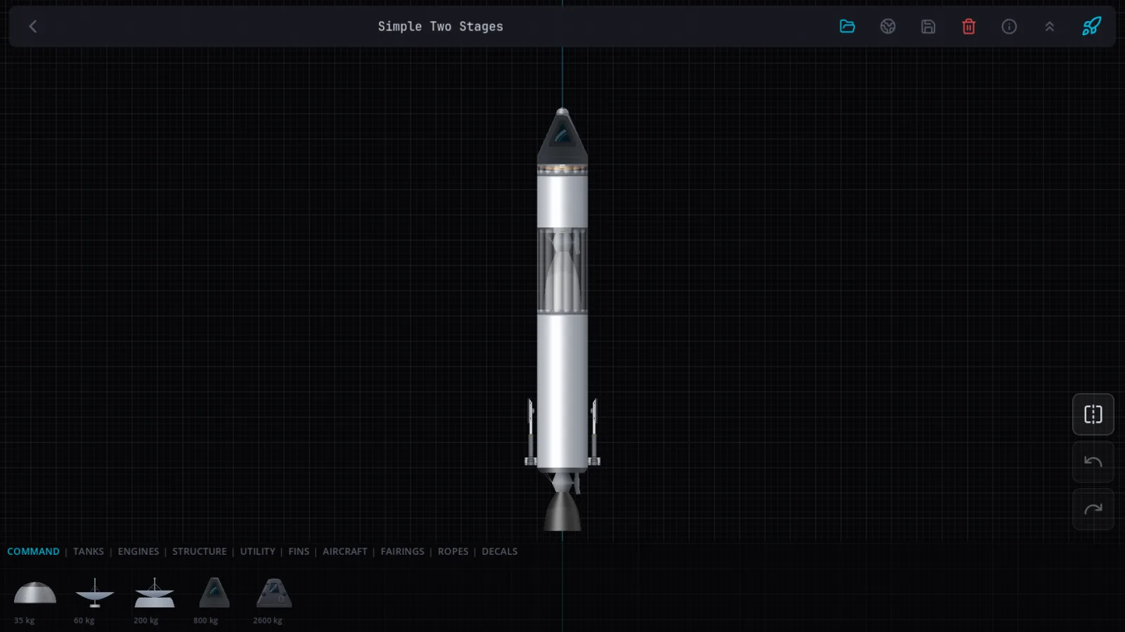 The Rocket Foundry grid builder showing a two-stage rocket with a transparent payload fairing