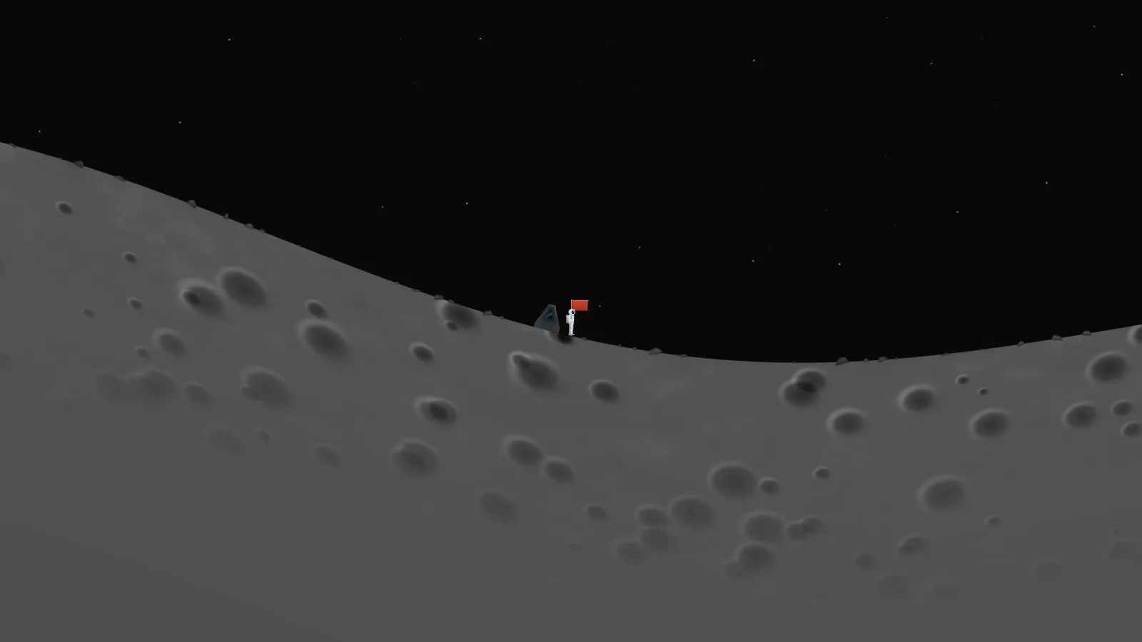 An astronaut standing beside a red flag on the cratered surface of the Moon