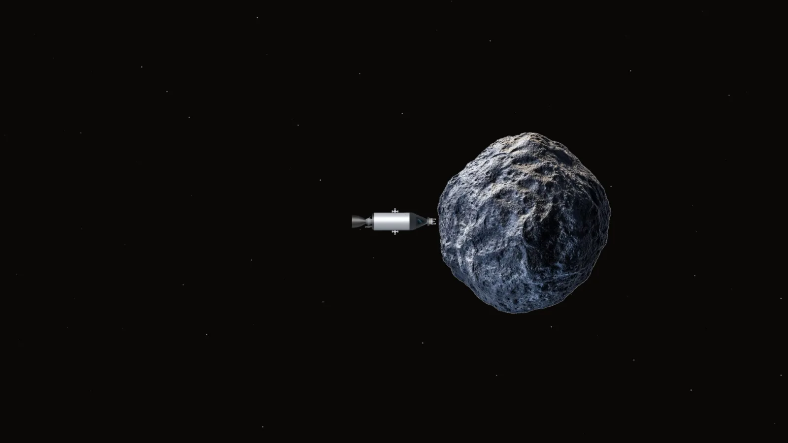 A spacecraft with a grabber arm approaching a large textured asteroid