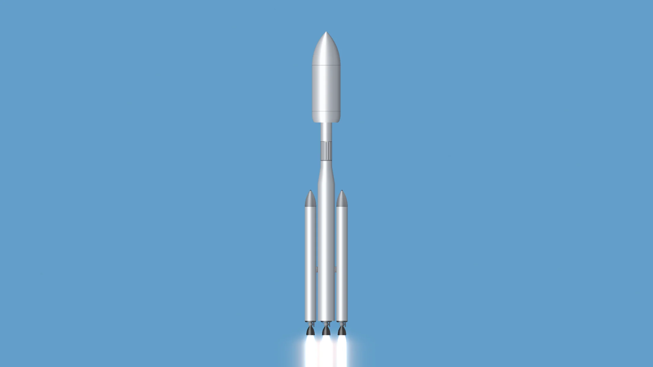 A heavy-lift rocket with two side boosters lifting off under full thrust in Rocket Foundry