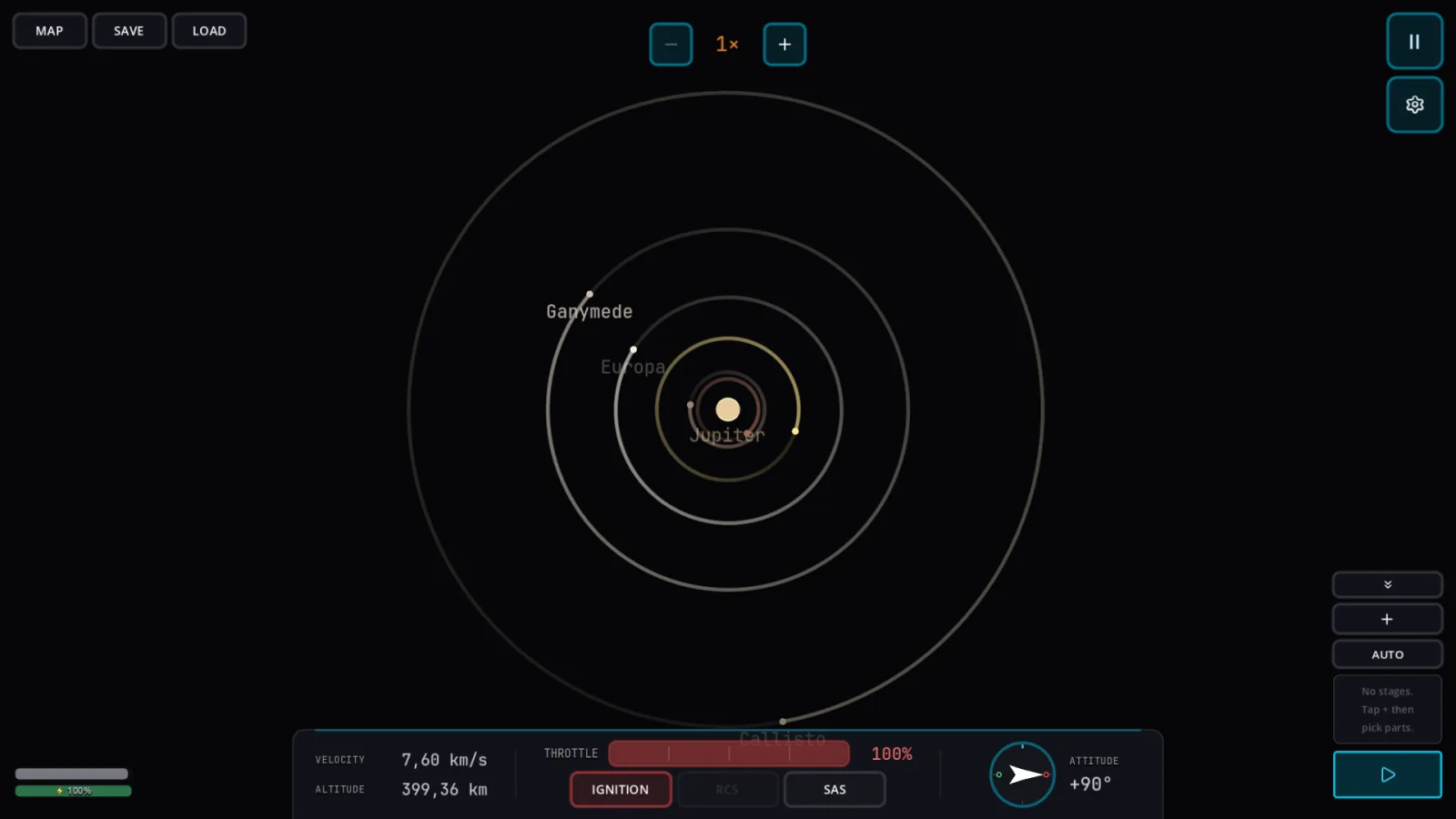 Map view of the Jupiter system showing the orbits of Io, Europa, Ganymede and Callisto